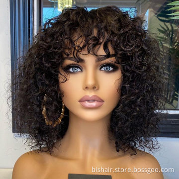 Wholesale Water Wave Wigs With Bangs Brazilian Human Hair Full Machine Made Wig With Bangs Remy Hair Natural Color For Women